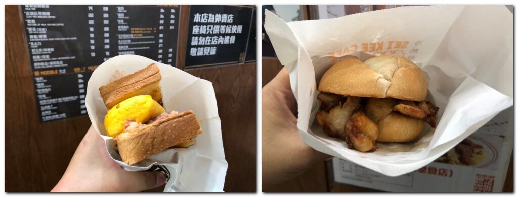 澳門2天1夜免請假✈穿梭在白底藍字的巷弄潮旅︱1日5餐飽食終日全紀錄 37 世紀咖啡:秘製洋葱鹹牛肉三明治(左)、雞扒包(右)/Photo Credit:逆耳小姐