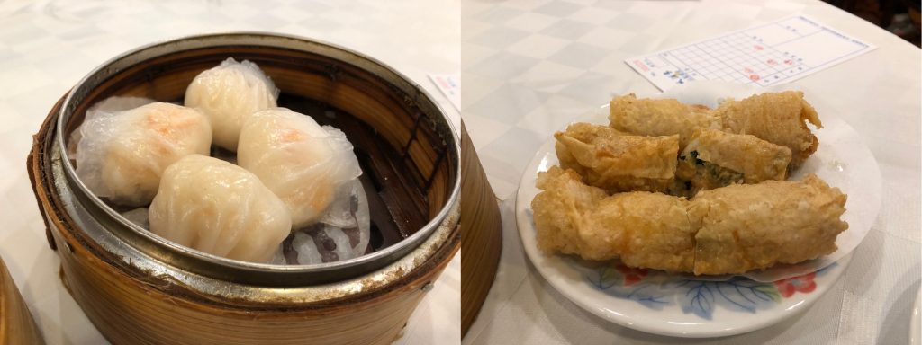 香港3天2夜的老派約會︱說走就走︱北角、中環吃貨路線 14 鳳城酒家:鳳城蝦餃皇(左)、鮮蝦腐皮捲(右)/Photo Credit:逆耳小姐